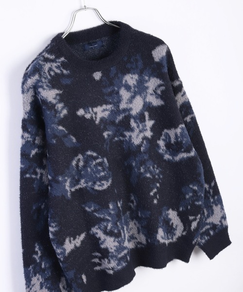 セール】フェザーヤーン フラワー柄 ルーズサイズ シャギーニット