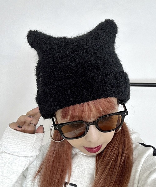 non-hedge(ノンヘッジ)の「ネコミミブークレニット帽(ニットキャップ/ビーニー・レディース・チャコールグレー/ブラック/ベージュ・FREE)」の2枚目の写真