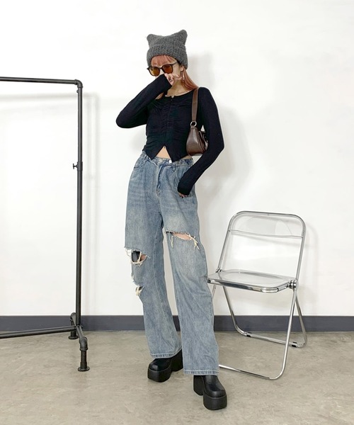 non-hedge(ノンヘッジ)の「ネコミミブークレニット帽(ニットキャップ/ビーニー・レディース・チャコールグレー/ブラック/ベージュ・FREE)」の14枚目の写真