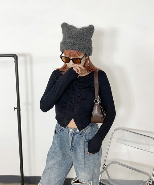 non-hedge(ノンヘッジ)の「ネコミミブークレニット帽(ニットキャップ/ビーニー・レディース・チャコールグレー/ブラック/ベージュ・FREE)」の15枚目の写真