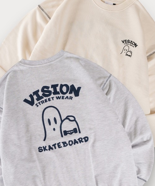 VISION STREET WEAR(ヴィジョンストリートウェア)の「【0】【VISION STREET WEAR/ヴィジョンストリートウェア】ゴーストデザイン スケボーイラスト/チェーン刺繍&バックプリント スウェット プルオーバー ビッグシルエット(スウェット・メンズ・ライトブルー/ブラック/ライトグレー/ピンク/オフホワイト/ブラック系その他/アッシュグレー/アイボリー・M/L/XL)」の1枚目の写真