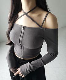 【 3color / カップ付 】フロントジップクロスストラップオフショルトップス / front zip cross straps off-shoulder tops