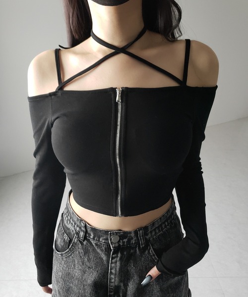 セール】【 3color ／ カップ付 】フロントジップクロスストラップ