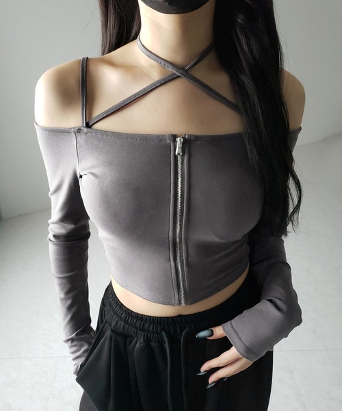 me+em select(ミームセレクト)の「【 3color / カップ付 】フロントジップクロスストラップオフショルトップス / front zip cross straps off-shoulder tops(Tシャツ/カットソー・レディース・ホワイト/グレー/ブラック・FREE)」の15枚目の写真