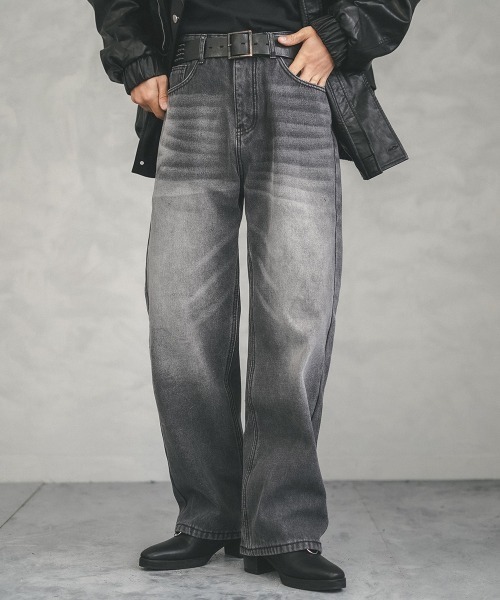 セール】Fleece lining vintage wash wide denim pants / 裏フリース