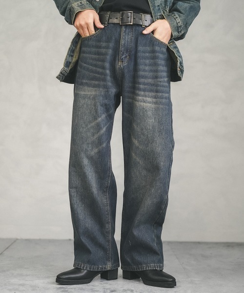 Shoowtime(ショウタイム)の「Fleece lining vintage wash wide denim pants / 裏フリースビンテージウォッシュワイドデニムパンツ(デニムパンツ・メンズ・ブルー/ネイビー系/ライトブルー/ブラック系・MEDIUM/LARGE/X-LARGE)」の2枚目の写真