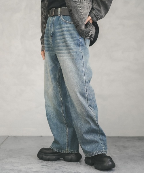 Fleece lining vintage wash wide denim pants / 裏フリースビンテージウォッシュワイドデニムパンツ（デニムパンツ）｜Shoowtime（ショウタイム）