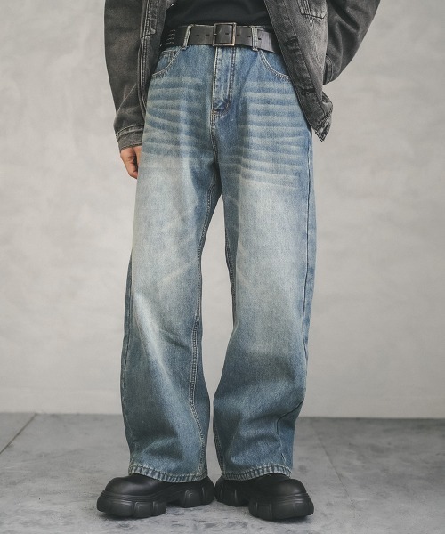 Shoowtime(ショウタイム)の「Fleece lining vintage wash wide denim pants / 裏フリースビンテージウォッシュワイドデニムパンツ(デニムパンツ・メンズ・ブルー/ネイビー系/ライトブルー/ブラック系・MEDIUM/LARGE/X-LARGE)」の10枚目の写真