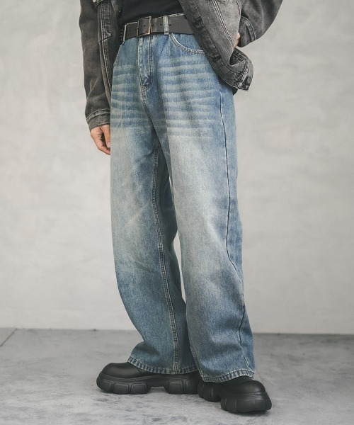 Shoowtime(ショウタイム)の「Fleece lining vintage wash wide denim pants / 裏フリースビンテージウォッシュワイドデニムパンツ(デニムパンツ・メンズ・ブルー/ネイビー系/ライトブルー/ブラック系・MEDIUM/LARGE/X-LARGE)」の6枚目の写真