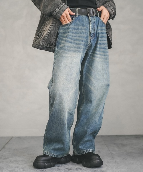 Shoowtime(ショウタイム)の「Fleece lining vintage wash wide denim pants / 裏フリースビンテージウォッシュワイドデニムパンツ(デニムパンツ・メンズ・ブルー/ネイビー系/ライトブルー/ブラック系・MEDIUM/LARGE/X-LARGE)」の5枚目の写真