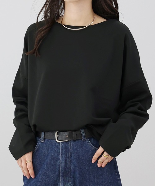 Aletta vita(アレッタビータ)の「ポンチボートネック長袖プルオーバー(Tシャツ/カットソー・レディース・オフホワイト/ブラック/ネイビー/ベージュ/チャコール/ブラウン・FREE)」の1枚目の写真