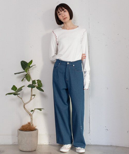 POU DOU DOU（プードゥドゥ）の「メッセージ刺繍ストレートパンツ（その他パンツ・レディース・ブラック/ベージュ/ブルー系・M）」の8枚目の写真