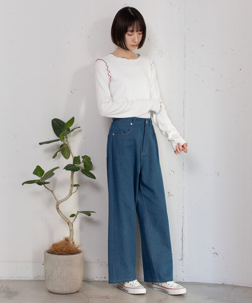 POU DOU DOU（プードゥドゥ）の「メッセージ刺繍ストレートパンツ（その他パンツ・レディース・ブラック/ベージュ/ブルー系・M）」の9枚目の写真