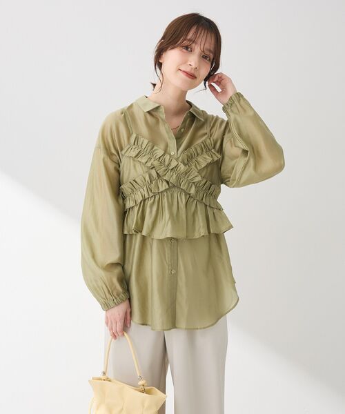 Green　Parks（グリーンパークス）の「SET2点フリルビスチェ＋シャツチュニック（シャツ/ブラウス・レディース・ブルー/チャコールグレー/ライトグリーン・FREE）」の8枚目の写真