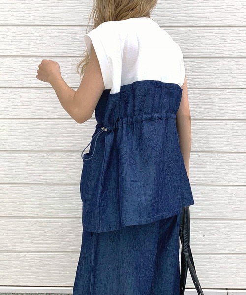 tシャツ デニム風シワ加工ドッキングTシャツ レディース original デニム風シワ加工ドッキングTシャツ | whispersabae