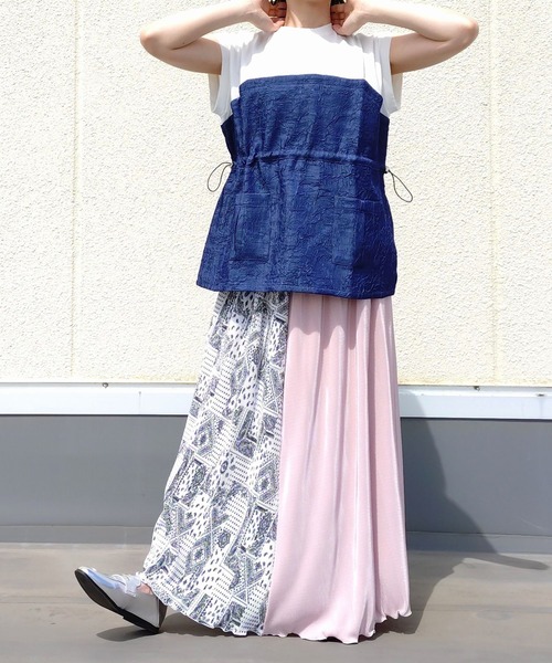 tシャツ デニム風シワ加工ドッキングTシャツ レディース Q tシャツ デニム風シワ加工ドッキングTシャツ レディース