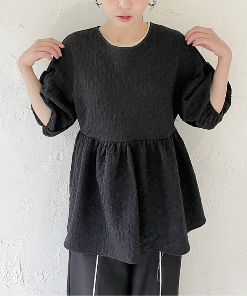 StyleSea（スタイルシー）の「ふくれジャガードデザイントップス（Tシャツ/カットソー・レディース・ブラック/オフホワイト・FREE）」の3枚目の写真