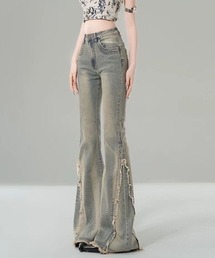 ヴィンテージハイウエストフリンジアクセント ストレッチフレアデニムパンツ