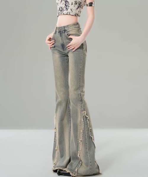 gossip!ロサンゼルス(ゴシップロサンゼルス)の「ヴィンテージハイウエストフリンジアクセント ストレッチフレアデニムパンツ(デニムパンツ・レディース・ブルー・S/M/XL/L/XXL)」の4枚目の写真