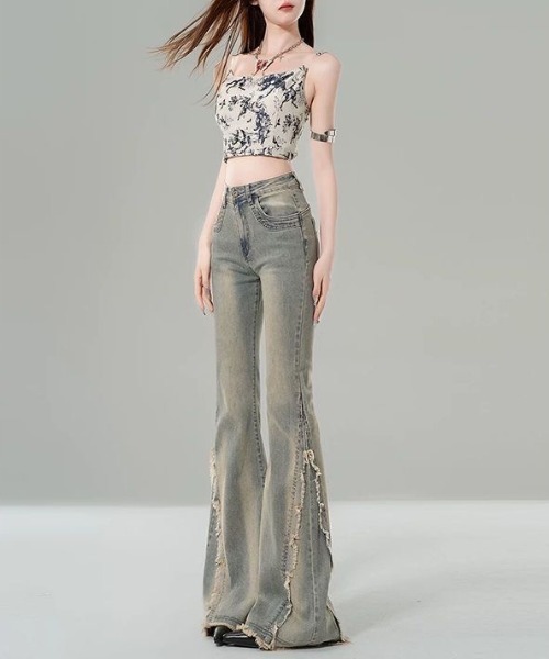 gossip!ロサンゼルス(ゴシップロサンゼルス)の「ヴィンテージハイウエストフリンジアクセント ストレッチフレアデニムパンツ(デニムパンツ・レディース・ブルー・S/M/XL/L/XXL)」の5枚目の写真