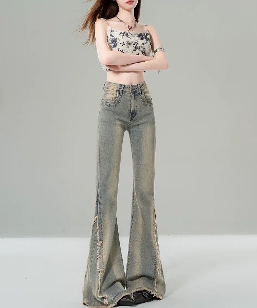 gossip!ロサンゼルス(ゴシップロサンゼルス)の「ヴィンテージハイウエストフリンジアクセント ストレッチフレアデニムパンツ(デニムパンツ・レディース・ブルー・S/M/XL/L/XXL)」の6枚目の写真