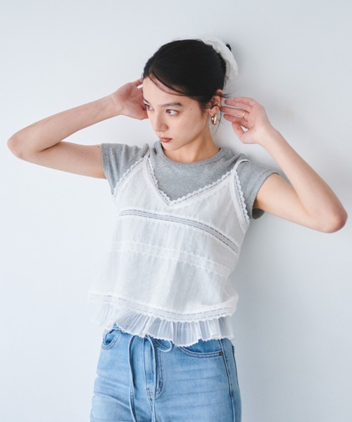 tシャツ レースキャミ付きトップス レディース キャミソール レディース トップス レース M〜LL (胸元レース