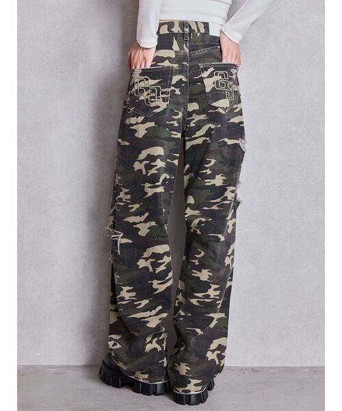 セール】ハイウエストGG Stitch バレルレッグダメージデニムパンツ