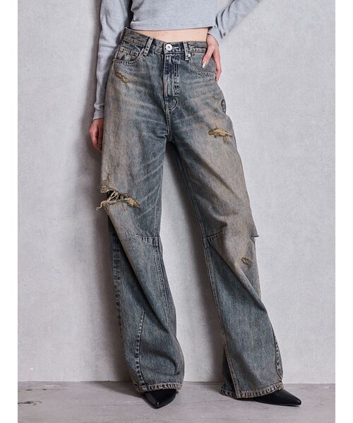 ハイウエスト GG Stitch Barrel Leg ダメージデニムパンツ ハイウエストGG Stitch Barrel Leg ダメージデニムパンツ
