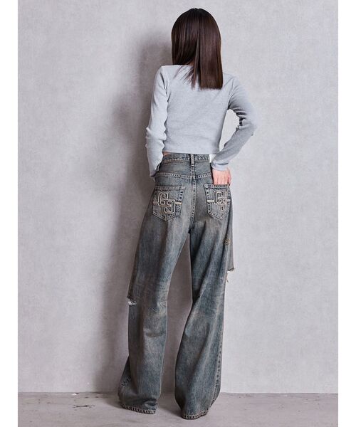 ハイウエスト GG Stitch Barrel Leg ダメージデニムパンツ ハイウエストGG Stitch Barrel Leg ダメージデニムパンツ
