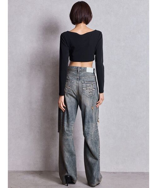 ハイウエスト GG Stitch Barrel Leg ダメージデニムパンツ ハイウエストGG Stitch Barrel Leg ダメージデニムパンツ[品番