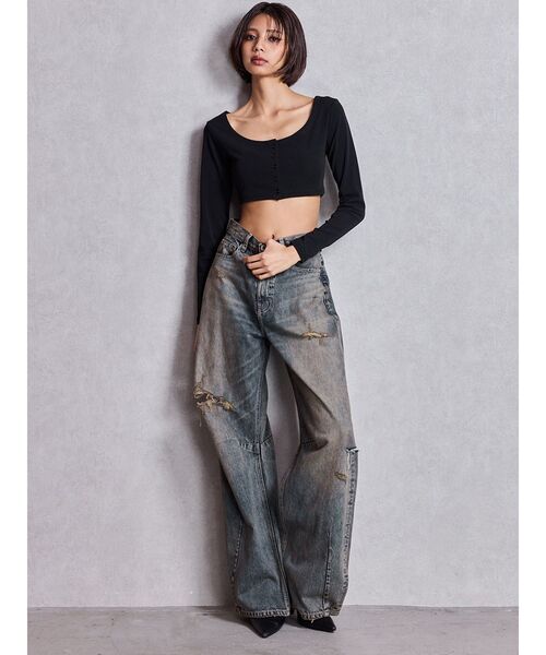 ハイウエストGG Stitch バレルレッグダメージデニムパンツ（デニム