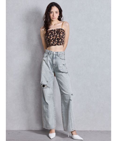 セール】ハイウエストGG Stitch バレルレッグダメージデニムパンツ