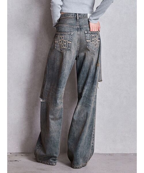 ハイウエスト GG Stitch Barrel Leg ダメージデニムパンツ ハイウエストGG Stitch バレルレッグダメージデニムパンツ