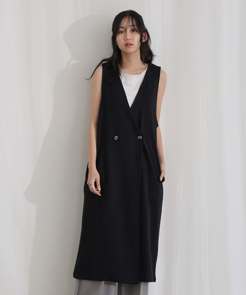 ElegChic(エレグシック)の「ミニ裏毛 ノーカラー リラックス ロング ベスト(つなぎ/オールインワン・レディース・グレー/ブラック/ライトベージュ/チャコール・M/XL/4L)」の2枚目の写真