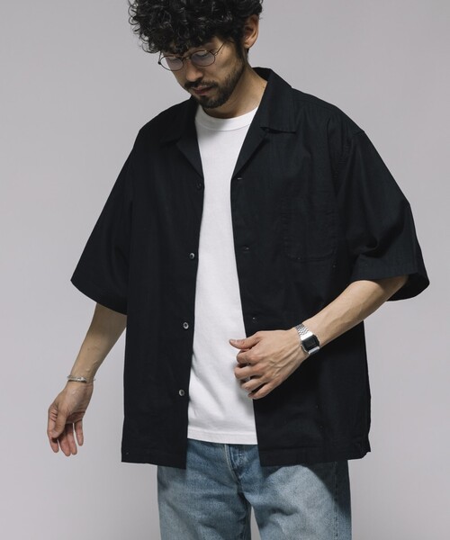 HINSON(ヒンソン)の「HINSON/ヒンソン コットンリネン オープンカラー ショートスリーブシャツ(シャツ/ブラウス・メンズ・サックスブルー/オリーブ/オフホワイト/ブラック・LARGE/MEDIUM)」の2枚目の写真