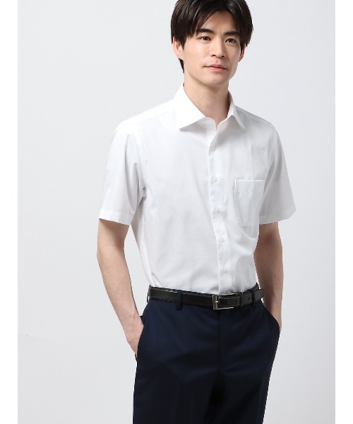 SUIT SQUARE(スーツスクエア)の「半袖ワイシャツ ノンアイロンストレッチ 3BLOCK ワイドカラー BASIC ドレスシャツ(ビジネスシャツ・メンズ・ホワイト系/ブルー系・S/M/L/LL/3L)」の1枚目の写真