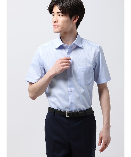 SUIT SQUARE(スーツスクエア)の「半袖ワイシャツ ノンアイロンストレッチ 3BLOCK ワイドカラー BASIC ドレスシャツ(ビジネスシャツ・メンズ・ホワイト系/ブルー系・S/M/L/LL/3L)」の2枚目の写真