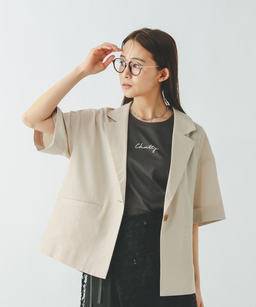 GLOBAL WORK（グローバルワーク）の「お手入れラクラクジャケット半袖/498362（テーラードジャケット・レディース・ダークブラウン/ブラック/グレー系その他・LARGE/MEDIUM）」の2枚目の写真