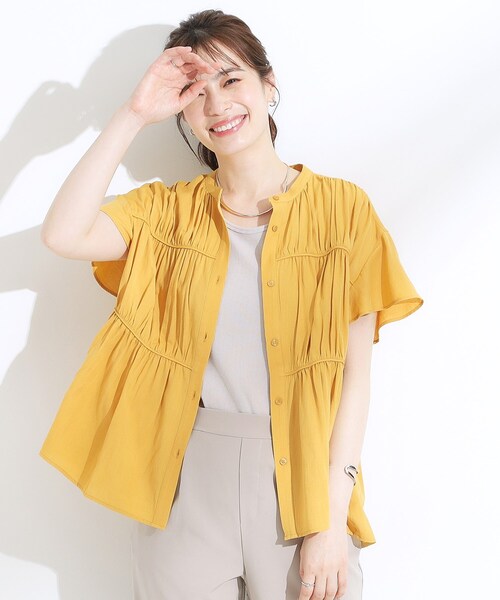 DRESKIP（ドレスキップ）の「【洗える/S-LL】一枚で着映え ティアード風 ギャザーブラウス（シャツ/ブラウス・レディース・ライトベージュ/イエロー/オレンジ/ブラック・04/03/02/01）」の13枚目の写真