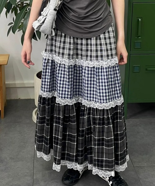 セール】【3色展開】レースフリルギンガムスカート/25秋冬新作