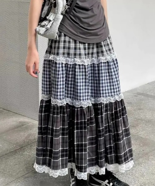 セール】【3色展開】レースフリルギンガムスカート/25秋冬新作