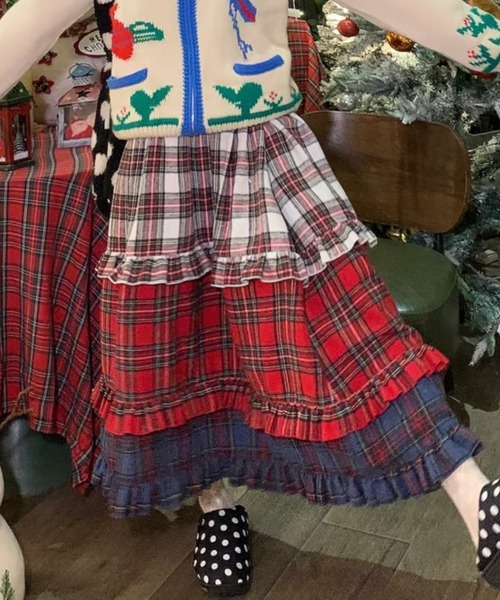 セール】【3色展開】レースフリルギンガムスカート/25秋冬新作