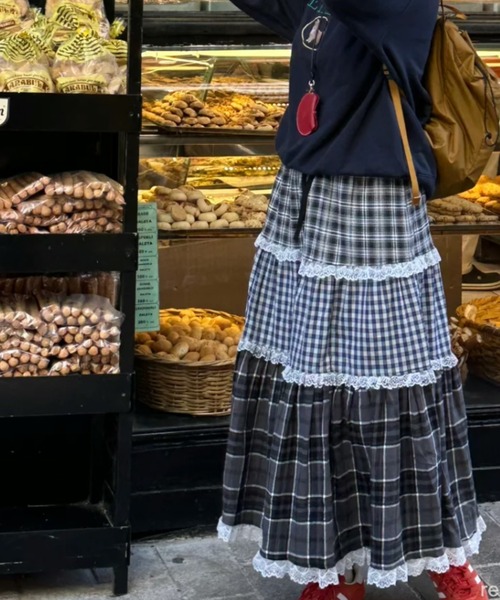 セール】【3色展開】レースフリルギンガムスカート/25秋冬新作