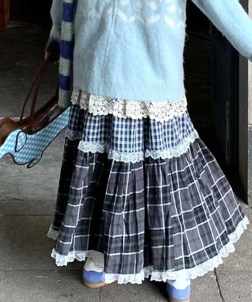 セール】【3色展開】レースフリルギンガムスカート/25秋冬新作