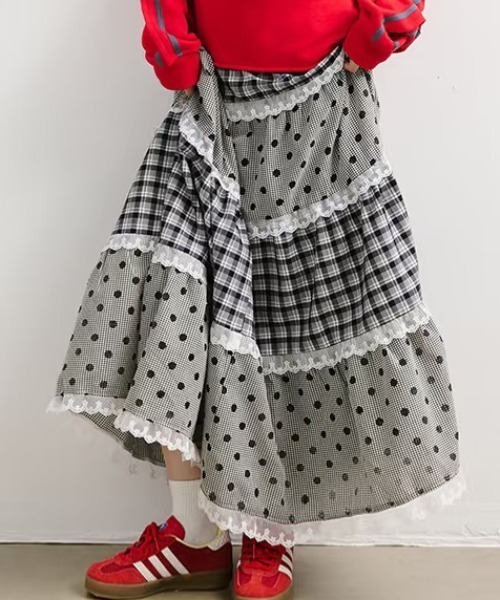 セール】【3色展開】レースフリルギンガムスカート/25秋冬新作