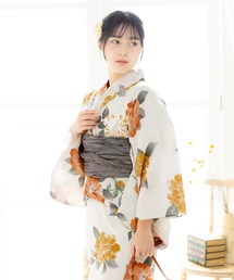kimonomachi（キモノマチ）の「KIMONOMACHI オリジナル セパレート レディース浴衣 2点セット（二部式浴衣＋しわ兵児帯)「八重椿・クレマチス・ヒマワリ・檸檬」ゆかた Fサイズ（浴衣）」