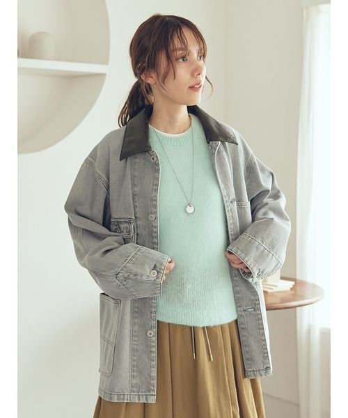 Mila Owen（ミラオーウェン）の「ハーフ丈デニムカバーオール（デニムジャケット・レディース・インディゴブルー/グレー・F）」の3枚目の写真