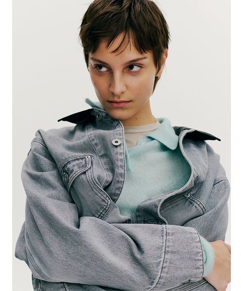 Mila Owen（ミラオーウェン）の「ハーフ丈デニムカバーオール（デニムジャケット・レディース・インディゴブルー/グレー・F）」の5枚目の写真