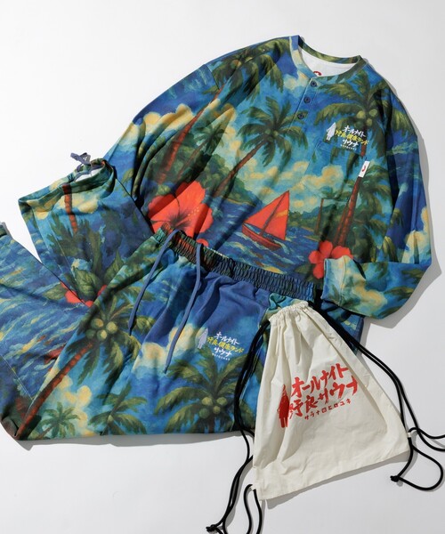 FREAK'S STORE（フリークスストア）の「SAUVENIR/サウベニア 別注 KANNAIGI × サウナ田ヒロユキ ロングスリーブ裏毛/館内着/セットアップ/ナップサック付き（ルームウェア/パジャマ・メンズ・サックスブルー/ブラック/ブラウン/ホワイト/イエロー/グレー・LARGE/MEDIUM/SMALL/#18）」の5枚目の写真
