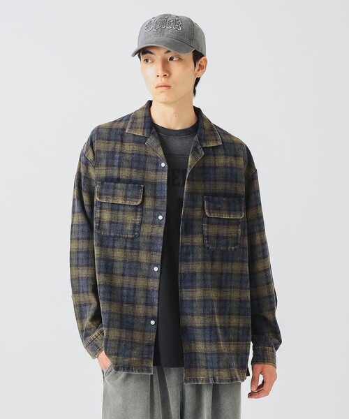 BEAMS HEART（ビームスハート）の「フェードチェック オープンカラー ネルシャツ【ユニセックス】（シャツ/ブラウス・メンズ・レッド/グリーン・LARGE/MEDIUM/SMALL）」の2枚目の写真